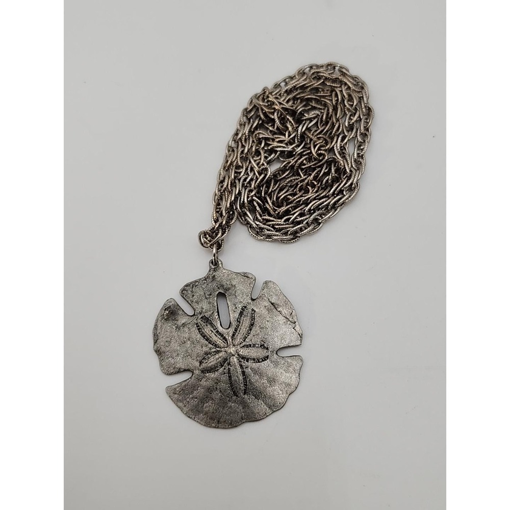 Vintage signed Metzke Sand Dollar seashell‎ silver tone pendant on 30" necklace
